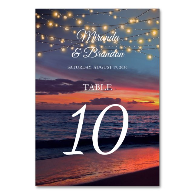 Elegant Sunset Beach String Light Summer Wedding Table Number (Front)