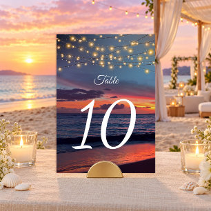 Elegant Sunset Beach String Light Summer Wedding Table Number
