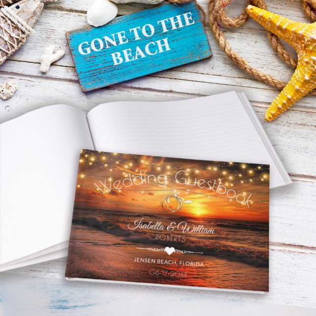 Elegant Sunset Beach String Lights Summer Wedding Guest Book (Creator Uploaded)