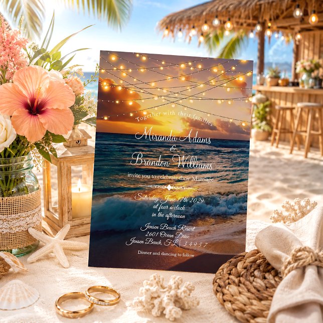 Elegant Sunset Beach String Lights Summer Wedding Invitation (Creator Uploaded)
