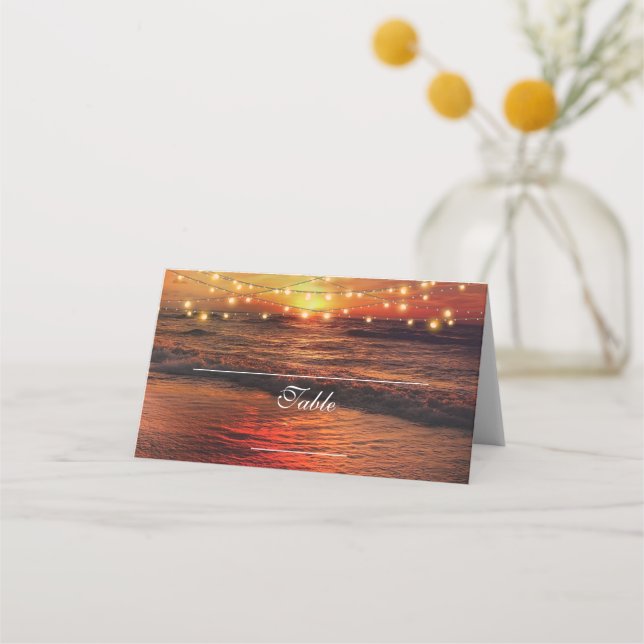 Elegant Sunset Beach String Lights Summer Wedding Place Card (Front)