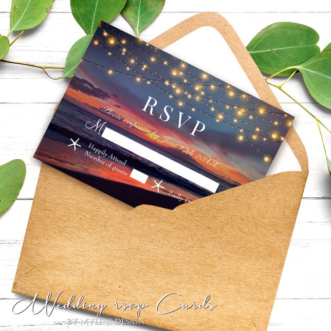 Elegant Sunset Beach String Lights Summer Wedding RSVP Card (Creator Uploaded)