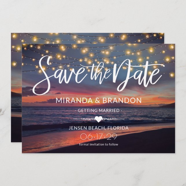 Elegant Sunset Beach String Lights Summer Wedding  Save The Date (Front/Back)