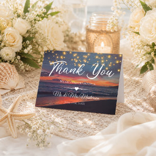 Elegant Sunset Beach String Lights Summer Wedding Thank You Card