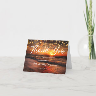 Elegant Sunset Beach String Lights Summer Wedding Thank You Card