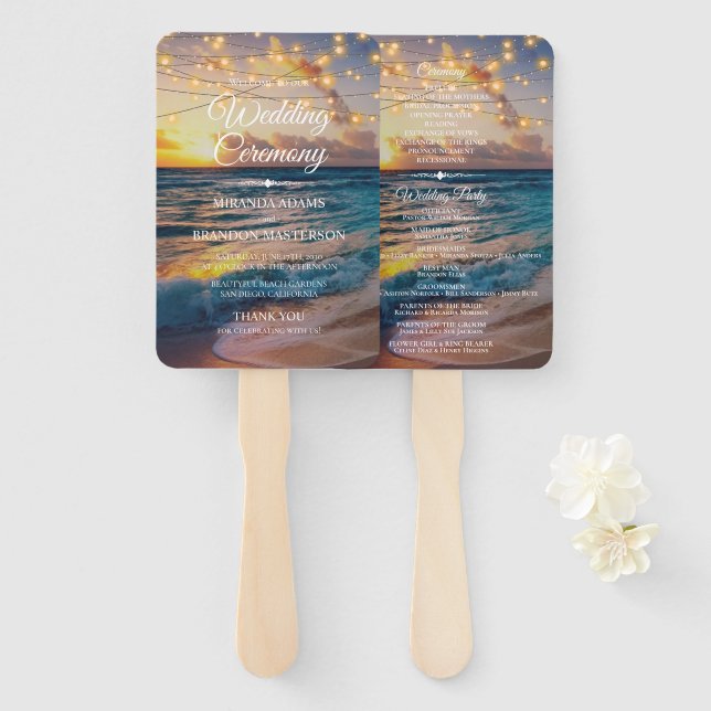 Elegant Sunset Beach Summer Wedding Program Hand Fan (Front and Back)