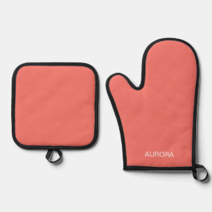 Elegant Sunset Coral Personalised Name -  Oven Mitt & Pot Holder Set
