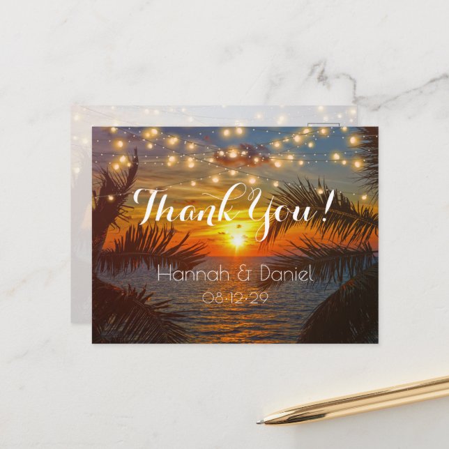 Elegant Sunset Palm Beach Summer Wedding Thank You Postcard (Front/Back In Situ)