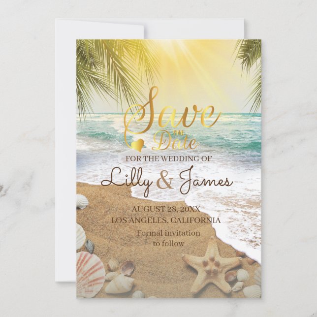 Elegant Sunshine And Blue Ocean Beach Save The Date (Front)