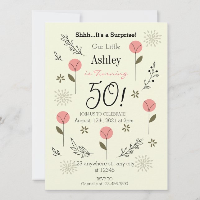 Elegant Suprise Floral 50th Birthday Invitation (Front)