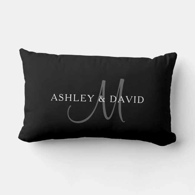 Elegant Surname Monogram | Black, Grey & White Lumbar Cushion (Back)
