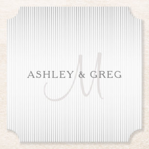 Elegant Surname Monogram & Thin Grey Stripes Paper Coaster
