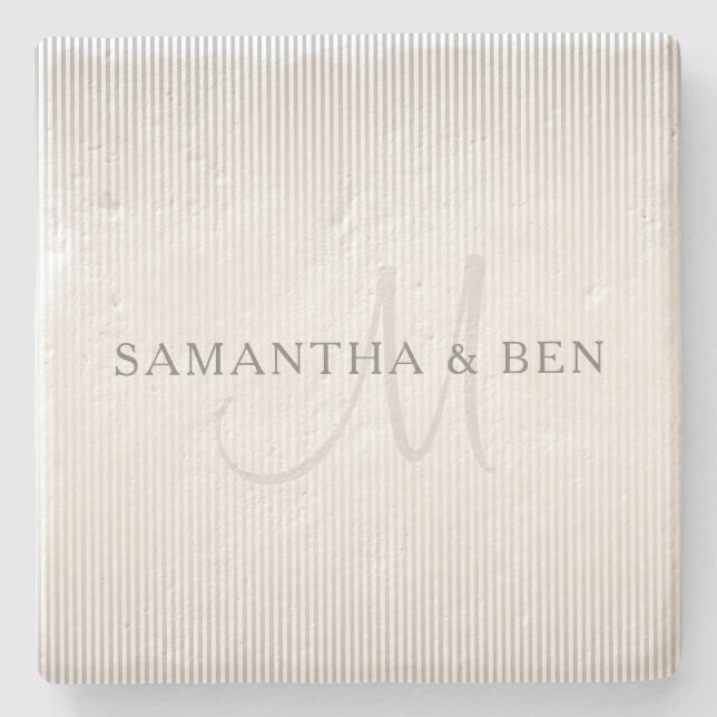 Elegant Surname Monogram & Thin Grey Stripes Stone Coaster (Front)