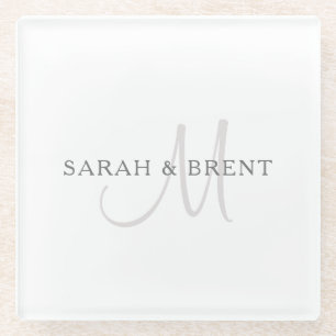 Elegant Surname Monogram White & Grey Glass Coaster