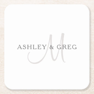 Elegant Surname Monogram White & Grey Square Paper Coaster