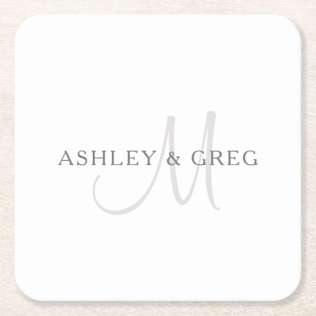 Elegant Surname Monogram | White & Grey Square Paper Coaster (Front)