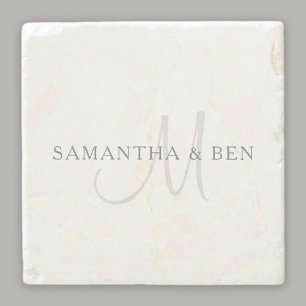 Elegant Surname Monogram White & Grey Stone Coaster