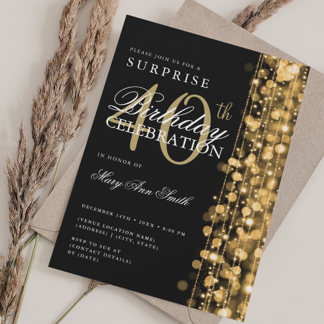Elegant Surprise 40th Birthday Sparkles Gold Invitation (Elegant Surprise 40th Birthday Sparkles Gold Invitation)