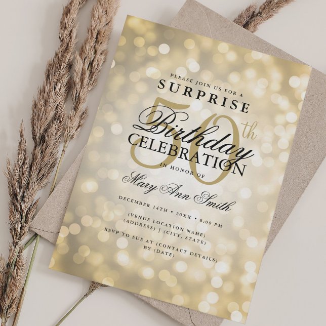 Elegant SURPRISE 50th Birthday Glam Gold Lights Invitation (Elegant SURPRISE 50th Birthday Glam Gold Lights Invitation)