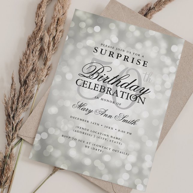 Elegant SURPRISE 50th Birthday Glam Silver Lights Invitation (Elegant SURPRISE 50th Birthday Glam Silver Lights Invitation)