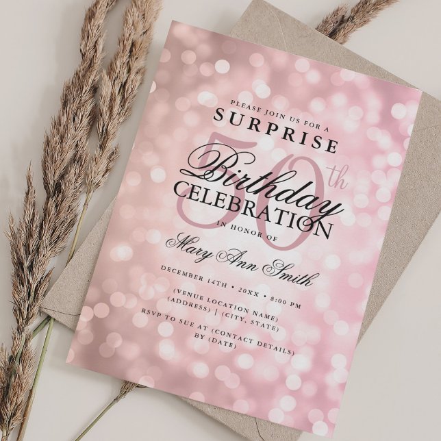 Elegant SURPRISE 50th Birthday Rose Gold Lights Invitation (Elegant SURPRISE 50th Birthday Rose Gold Lights Invitation)