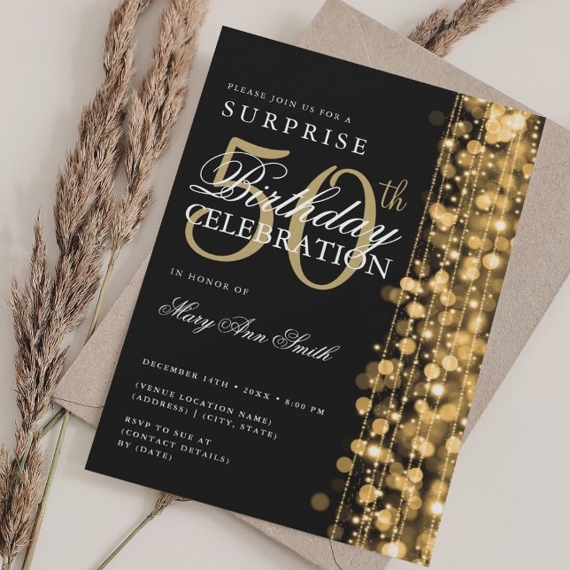 Elegant Surprise 50th Birthday Sparkles Gold Invitation (Elegant Surprise 50th Birthday Sparkles Gold Invitation)