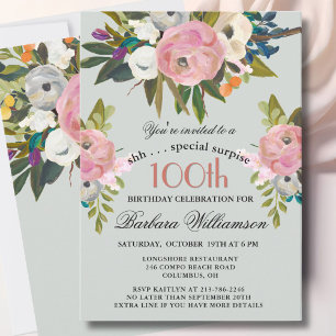 Elegant SURPRISE Handpainted 100th Birthday Party  Invitation