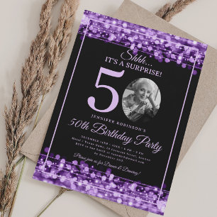 Elegant SURPRISE Photo 50th Birthday Purple Invitation