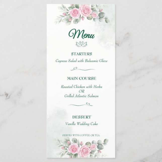 Elegant Swan & Blush Rose Wedding Menu - 2-Sided 5 (Front)
