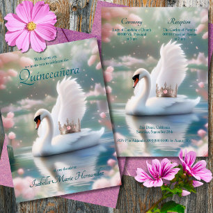 Elegant Swan Butterflies Pink Tiara Quinceañera Invitation