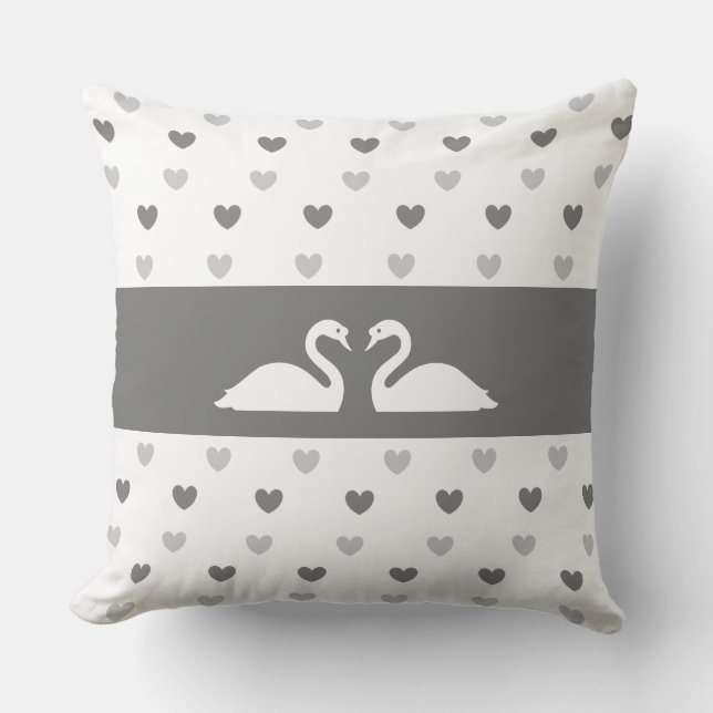 Elegant Swan Couple & Silver Heart Pattern Cushion (Front)