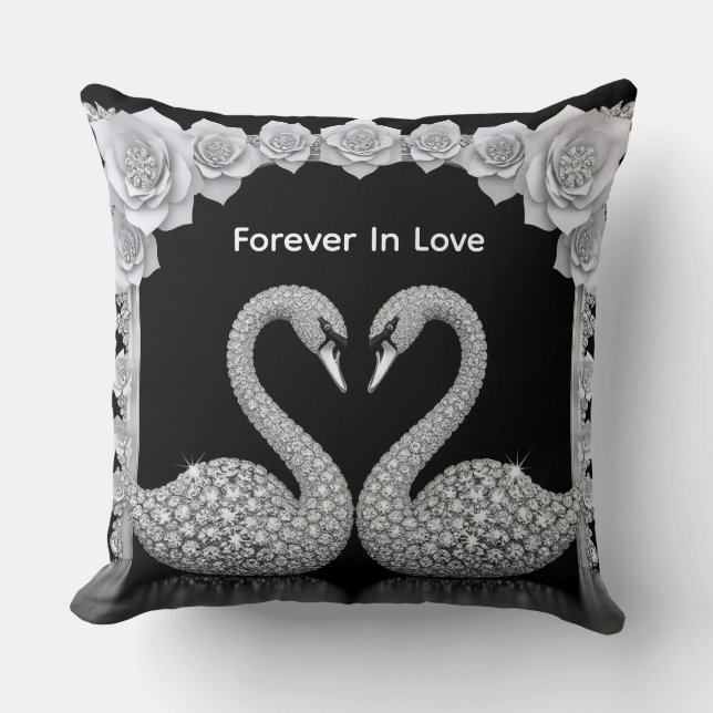 Elegant Swan Couple With Sparkling Flowers Cushion (Front)