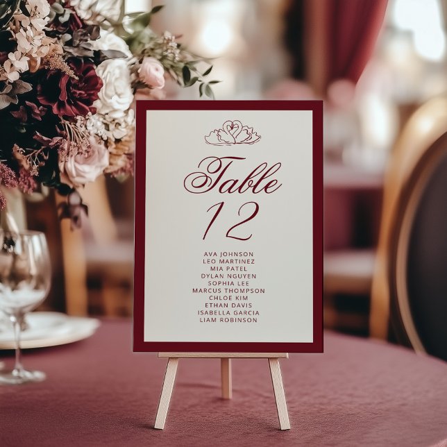 Elegant Swan Deep red Table Seating Chart cards (Creator Uploaded)
