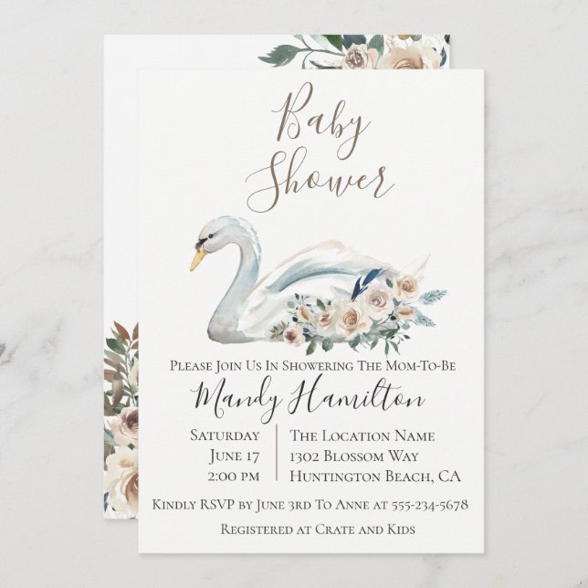 Elegant Swan Floral Baby Shower Invitation (Front/Back)