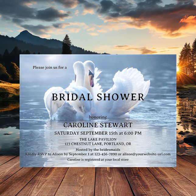 Elegant Swan Lake Bridal Shower Invitation (Elegant dreamy bridal shower invitation featuring two swans in love on a hazy sunlit lake)