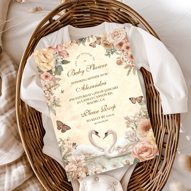Elegant Swan Lake Floral Baby Shower Invitation (Creator Uploaded)