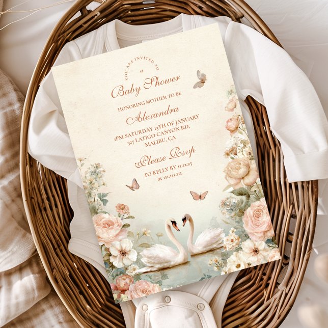 Elegant Swan Lake Floral Baby Shower Invitation (Creator Uploaded)