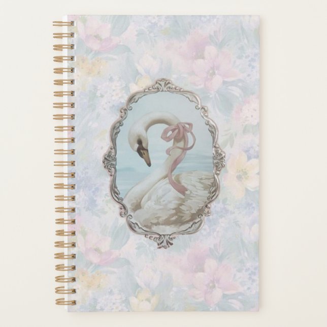 Elegant Swan & Pastel Floral Notebook Planner (Front)