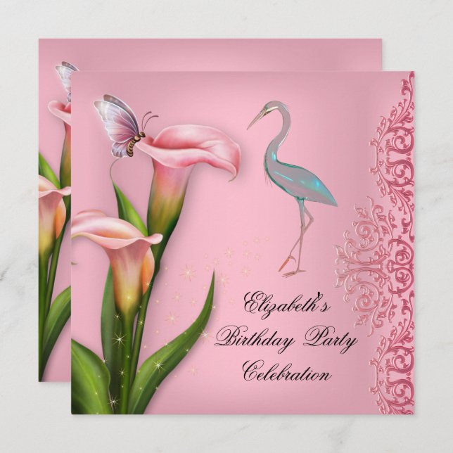 Elegant Swan Pink Calla Lily Floral Birthday Party Invitation (Front/Back)