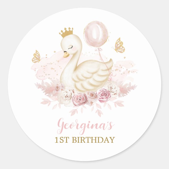 Elegant Swan Princess with Balloon & Butterflies Classic Round Sticker (Front)