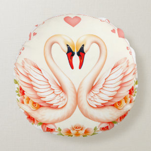 Elegant Swans Forming Heart – Romantic Pink Floral Round Cushion