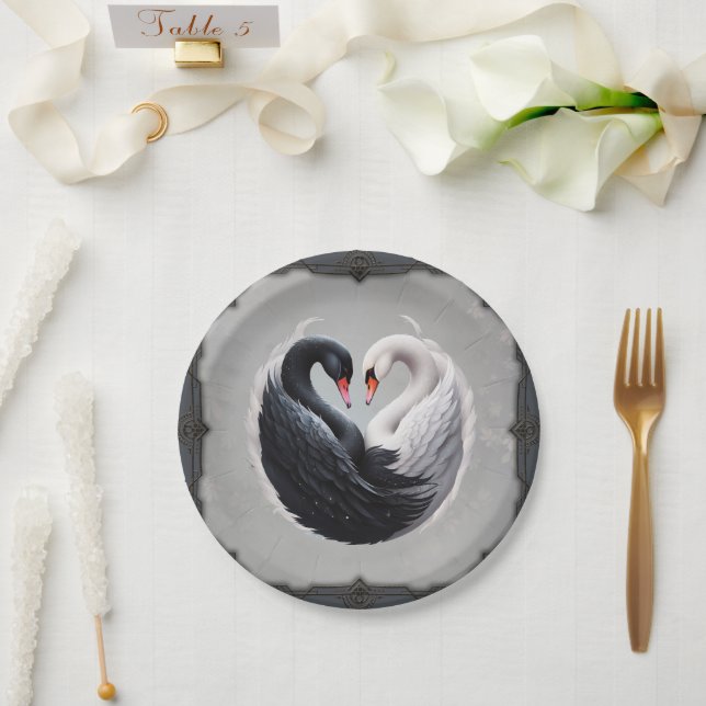 Elegant swans forning a heart together.  paper plate (Wedding)