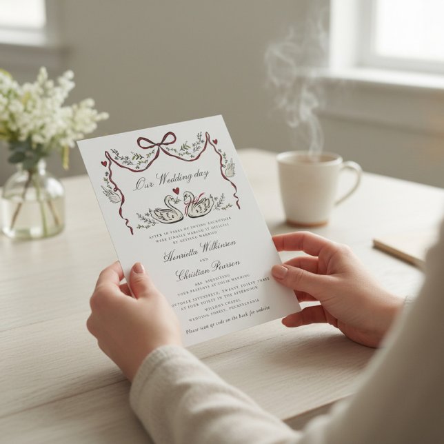 Elegant Swans Garland Red Ribbon Wedding Invitation (Creator Uploaded)