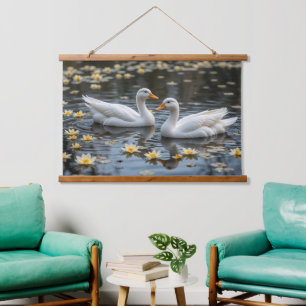 Elegant Swans on a Moonlit Pond Hanging Tapestry