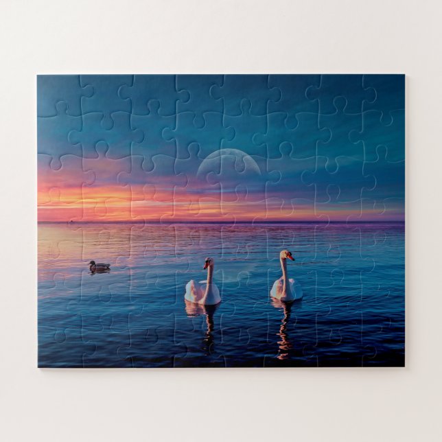 Elegant Swans Water Sunset Jigsaw Puzzle (Horizontal)