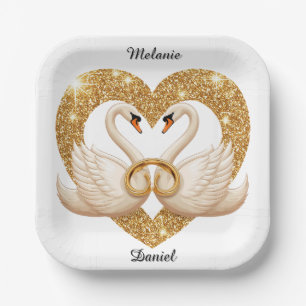 Elegant Swans with Golden Rings Paper Plate
