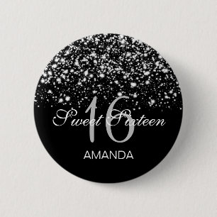 Elegant Sweet 16 Birthday Midnight Glam Silver 6 Cm Round Badge