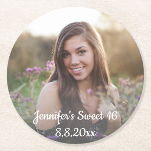 elegant  sweet 16 birthday minimal faded photo round paper coaster