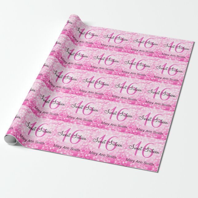 Elegant Sweet 16 Birthday Pink Glitter Lights Wrapping Paper (Unrolled)