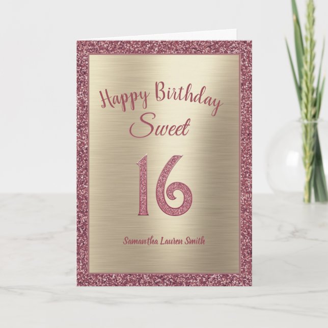 Elegant Sweet 16 Birthday Rose Gold Glitter Card (Front)